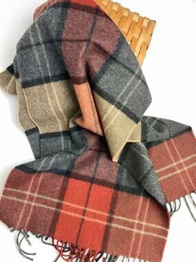 Jos. A. Bank 100% Cashmere Plaid Scarf Fringe Orange Gray Blue Autumn Gorpcore